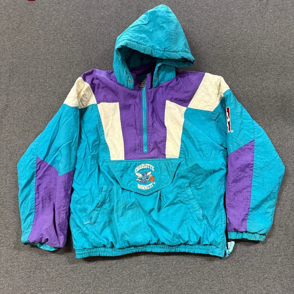 90s Starter Charlotte Hornets Puffer Jacket Mens M Teal Purple Good Vintage NBA
